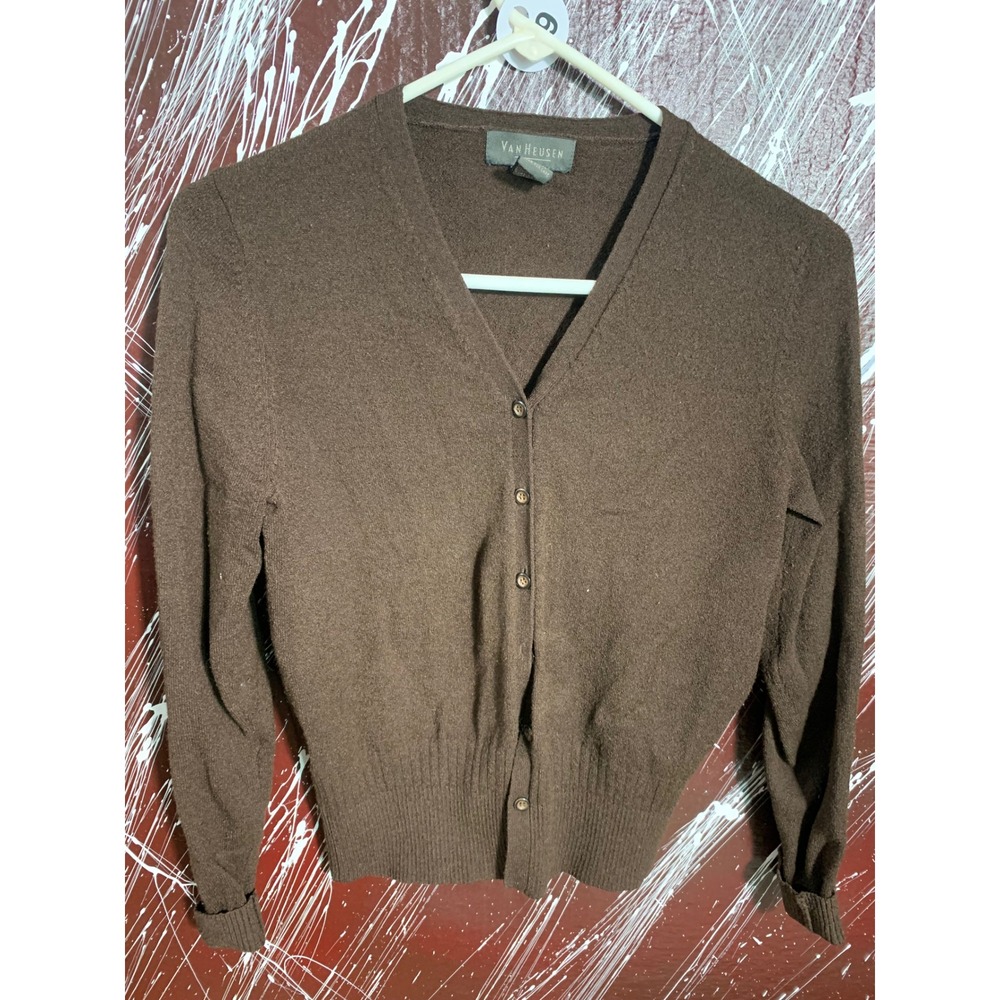 Van Heusen Womens‎ Brown V-Neck Button Front Cardigan Sweater Size Small